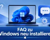 FAQ zu Windows neu installieren: Laptop mit Windows 11, USB-Stick und Chat-Symbol. Ideal für Fragen zu Windows 10 ARM.