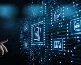 Digitale Schaltkreise mit Symbolen für Dokumente, Ordner und Sicherheit. Eine Hand berührt die Anzeige, die eine dateitypen liste darstellt.