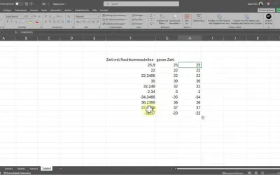 Excel zeigt Zahlen mit Nachkommastellen und die entsprechende ganze Zahl an. Die Funktion KÜRZEN rundet die Zahlen ab.
