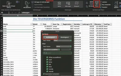 Excel-Tabelle mit Autos, die nach Marke sortiert werden. Die Option "Aufsteigend" für das **excel teilergebnis** ist ausgewählt.