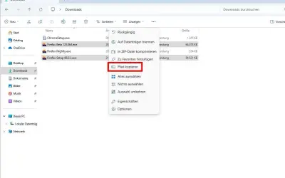 Im Download-Ordner wird der Pfad kopiert. Die Option "Pfad kopieren" ist ausgewählt.