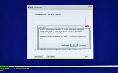 Windows Setup: Zu installierenden Treiber auswählen. Ein Fenster zeigt, dass ein Treiber für die Windows 11 Installation fehlt.