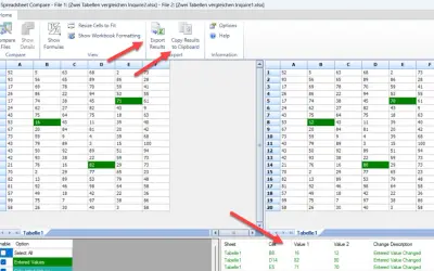 Zwei Excel-Spalten vergleichen: Unterschiede in Zellen B8, D14 und E5 werden hervorgehoben.