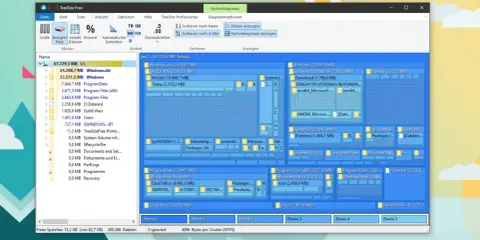 TreeSize Free zeigt die Speicherplatznutzung an. Ordner wie Windows und Program Files sind groß. Der Speicherplatz ist tree size free.