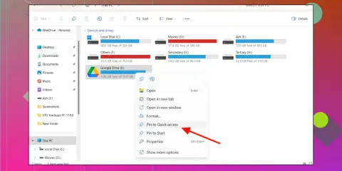 Google Drive (I:) im Explorer einbinden: Rechtsklick auf Google Drive, dann "An Schnellzugriff anheften" wählen.