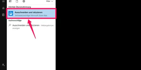 Windows Suche zeigt "Ausschneiden und skizzieren" als beste Übereinstimmung. Ein Pfeil deutet auf die App.