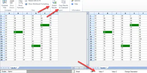 Zwei Excel-Spalten vergleichen: Unterschiede in Zellen B8, D14 und E5 werden hervorgehoben.