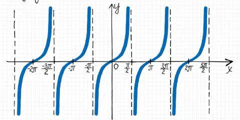 Die Funktion y=tgx mit ihren charakteristischen Sprüngen, die an eine Excel-Tangens-Funktion erinnern.
