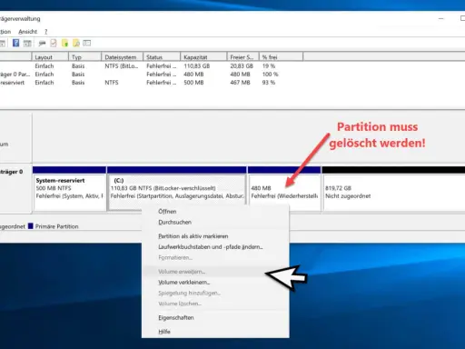 Datenträgerverwaltung zeigt eine Partition mit Fehler an, die gelöscht werden muss. Die oem partition ist nicht sichtbar.