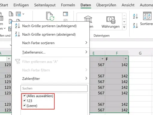 Excel-Filtermenü mit Optionen wie "Nach Größe sortieren", "Nach Farbe filtern" und "Zahlenfilter". Die Auswahl "(Leere)" ist markiert, was darauf hindeutet, dass die Tabelle leer ist.