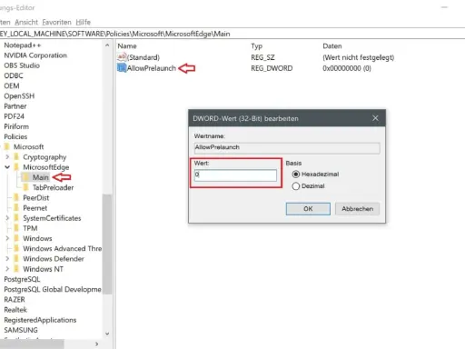 Registrierungs-Editor zeigt, wie man Microsoft Edge deaktivieren kann, indem man den Wert "AllowPrelaunch" auf 0 setzt.