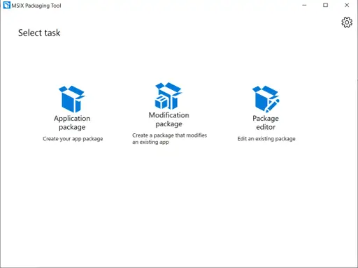 MSIX Packaging Tool: Wähle eine Aufgabe: App-Paket erstellen, Modifikationspaket erstellen oder eine MSIX-Datei bearbeiten.