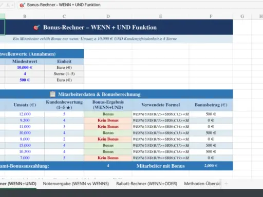 Excel-Tabelle zeigt Bonusberechnung für Mitarbeiter. Die excel wahl für den Bonus hängt von Umsatz und Kundenzufriedenheit ab.
