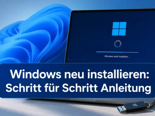 Schritt-für-Schritt-Anleitung, um Windows neu zu installieren. Ein Laptop zeigt den Installationsfortschritt, daneben ein USB-Stick mit Windows-Logo.