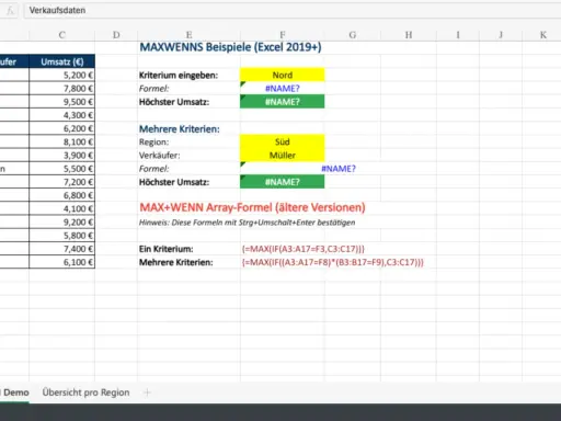 Excel-Tabelle mit Verkaufsdaten. Zeigt Beispiele für MAXWENN-Formeln, um den höchsten Umsatz nach Region und Verkäufer zu finden.