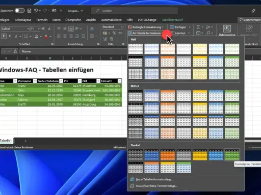Excel-Tabelle mit Daten und Menü zur Formatierung. Die Auswahl "Als Tabelle formatieren" zeigt verschiedene Optionen für die Formatierung Excel.