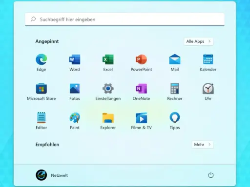 Startmenü von Windows 11 mit angepinnten Apps wie Edge, Word, Excel. Hier finden Sie auch die Option, die Windows 11 Taskleiste zu fixieren.