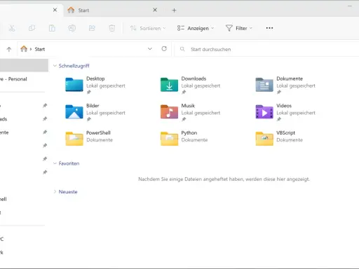 Fenster des Windows 11 Explorers mit Schnellzugriff auf Ordner wie Desktop, Downloads und Dokumente.
