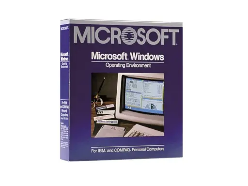 Microsoft Windows-Verpackung, ein früher Schritt in der Windows betriebssysteme reihenfolge. Zeigt einen Monitor mit der Benutzeroberfläche.