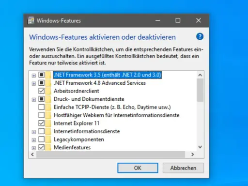 Fenster "Windows-Features" zeigt Optionen zum Aktivieren/Deaktivieren von Programmen, z.B. .NET Framework. So können Sie Windows 11 Programme deinstallieren.
