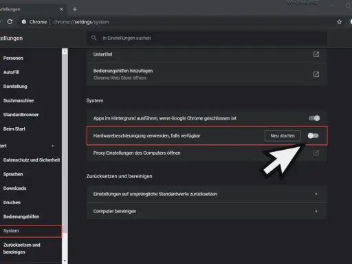 Chrome-Einstellungen: Hardwarebeschleunigung deaktivieren. Der Schalter ist aktiv, "Neu starten" wird angezeigt.