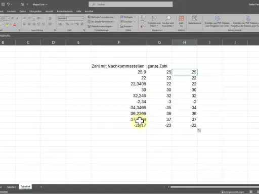 Excel zeigt Zahlen mit Nachkommastellen und die entsprechende ganze Zahl an. Die Funktion KÜRZEN rundet die Zahlen ab.