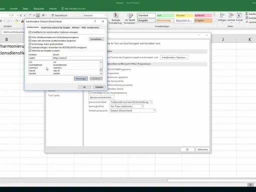 Excel Autokorrektur: Hier werden falsch geschriebene Wörter wie "webrf" automatisch zu "web.de" korrigiert.