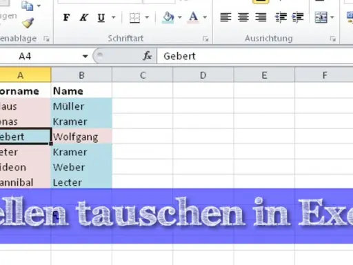 Excel-Tabelle mit Namen. Zeile 4 mit "Gebert" ist hervorgehoben. Hier wird gezeigt, wie man excel zeilen tauschen kann.