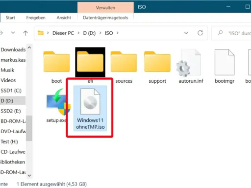 Windows 11 ISO-Datei im Ordner "D:\ISO" ausgewählt. Bereit, um TPM zu installieren.