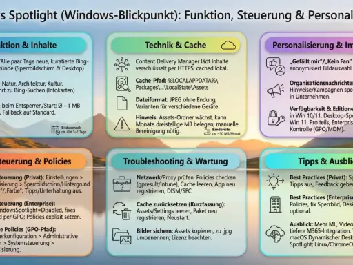 Windows Spotlight (Windows-Blickpunkt) zeigt tägliche Hintergründe, Motive & Bing-Suchen. Infos zu Technik, Cache, Personalisierung, Steuerung & Tipps.