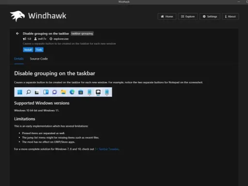 Windhawk-Tool für Windows 11: Deaktiviert Gruppierung auf der Taskleiste, zeigt separate Fenster an.