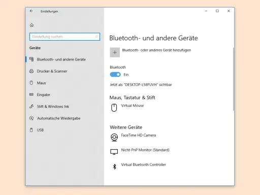 Windows 10: Bluetooth aktivieren. Im Einstellungsmenü unter "Geräte" wird gezeigt, wie man Bluetooth einschaltet und weitere Geräte hinzufügt.