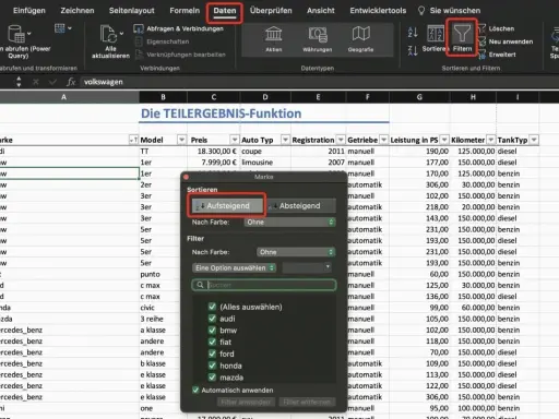 Excel-Tabelle mit Autos, die nach Marke sortiert werden. Die Option "Aufsteigend" für das **excel teilergebnis** ist ausgewählt.