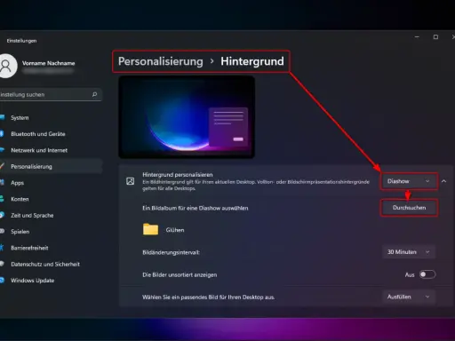 Windows 11: Personalisierung > Hintergrund. Hier wird die Diashow-Geschwindigkeit eingestellt.