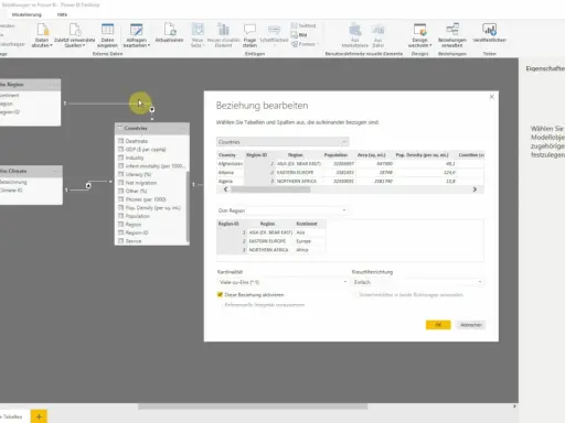 Power BI-Beziehungen bearbeiten: Länder- und Regionsdaten werden verknüpft. Ein Power BI Tutorial zur Datenmodellierung.