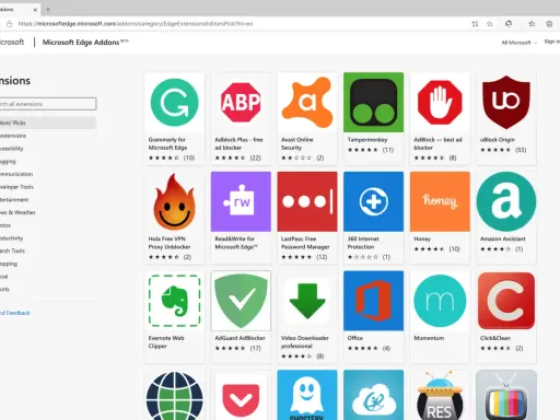 Microsoft Edge Addons-Seite mit vielen Erweiterungen wie Grammarly, AdBlock und Honey.