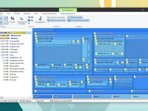 TreeSize Free zeigt die Speicherplatznutzung an. Ordner wie Windows und Program Files sind groß. Der Speicherplatz ist tree size free.