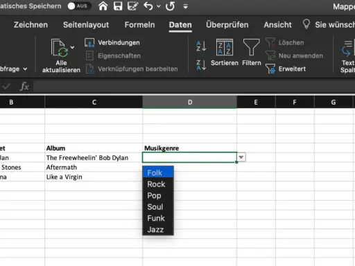 Excel-Tabelle mit dynamischer Dropdown-Liste für Musikgenres. Die Liste zeigt Optionen wie Folk, Rock, Pop, Soul, Funk und Jazz.