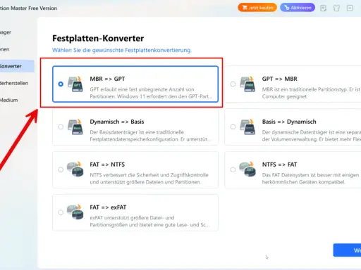 Festplatten-Konverter: MBR zu GPT konvertieren für mehr Partitionen, wie von Windows 11 gefordert.
