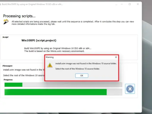 AOMEI PE Builder: Warnung: install.wim nicht im Windows 10 Quellordner gefunden. Bitte den Stammordner auswählen.