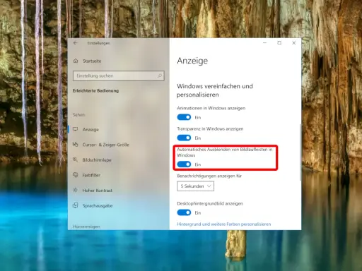 Windows-Einstellungen: Automatisches Ausblenden von Bildlaufleisten in Windows ist aktiviert.