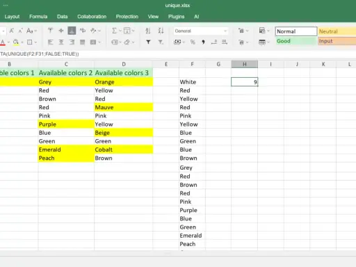 Ein **unique Excel** Arbeitsblatt zeigt Lieferanten und deren verfügbare Farben. Eine Formel zählt die einzigartigen Farben.