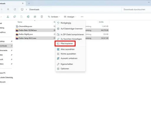 Im Download-Ordner wird der Pfad kopiert. Die Option "Pfad kopieren" ist ausgewählt.