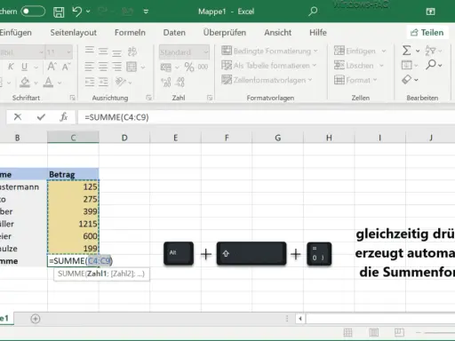 Excel: Summenformel automatisch erstellen. Mit Alt + Umschalt + = wird die excel summe aus anderem tabellenblatt schnell berechnet.