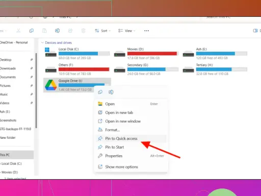 Google Drive (I:) im Explorer einbinden: Rechtsklick auf Google Drive, dann "An Schnellzugriff anheften" wählen.
