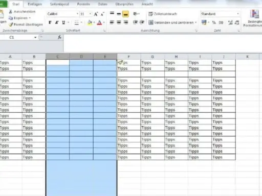 Excel-Tabelle mit vielen Zellen, die "Tipps" enthalten. Ein Bereich ist blau hervorgehoben, was auf eine Auswahl oder Formatierung hindeutet.