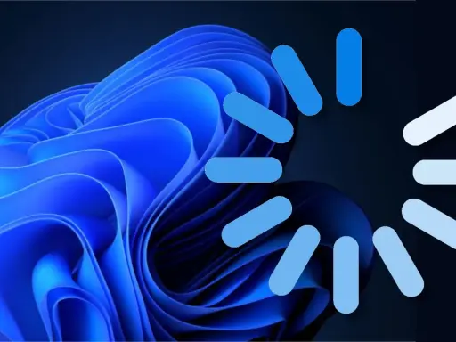 Blauer Windows 11 Hintergrund mit Ladeanimation. Bereit, kostenlos Windows 10 herunterladen?