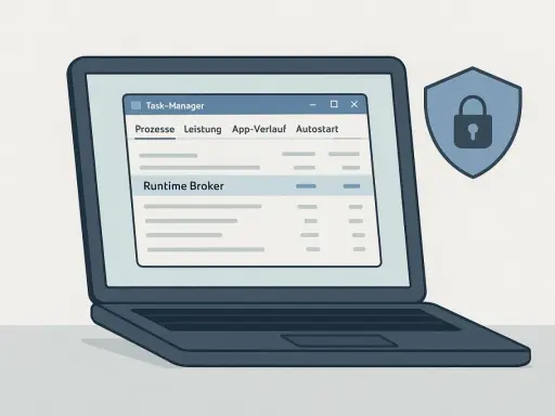 Laptop mit Task-Manager, der "Runtime Broker" anzeigt. Ein Schild mit Schloss symbolisiert Sicherheit für den Windows Desktop Runtime.