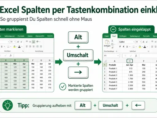 Excel-Tabelle: Spalten markieren, dann Alt+Umschalt+Pfeil rechts für eine Excel Gliederung erstellen.