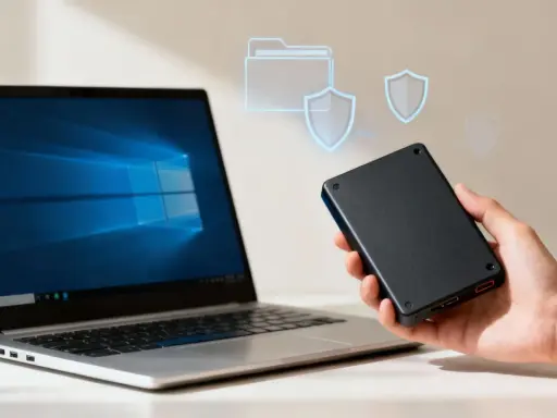 Laptop mit Windows-Desktop und externer Festplatte in der Hand. Digitale Ordner- und Schild-Icons deuten auf Datensicherung oder Installation von Windows auf externe Festplatte hin.